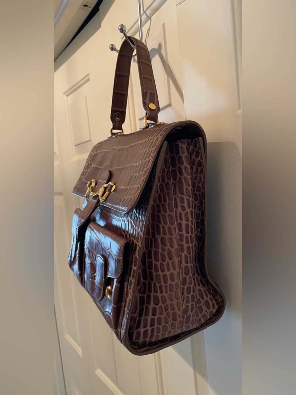 Brown Croc-Embossed Top-Handle Satchel - Women Bags - Picture 3 of 16